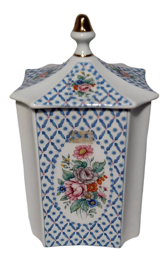 1960s-70s Portuguese Lidded Porcelain Jar with Floral Pattern – 16 cm