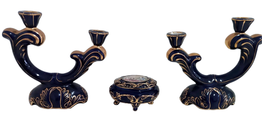 Alcobaça Blue Motif Candle Holder and Jewelry Box Set