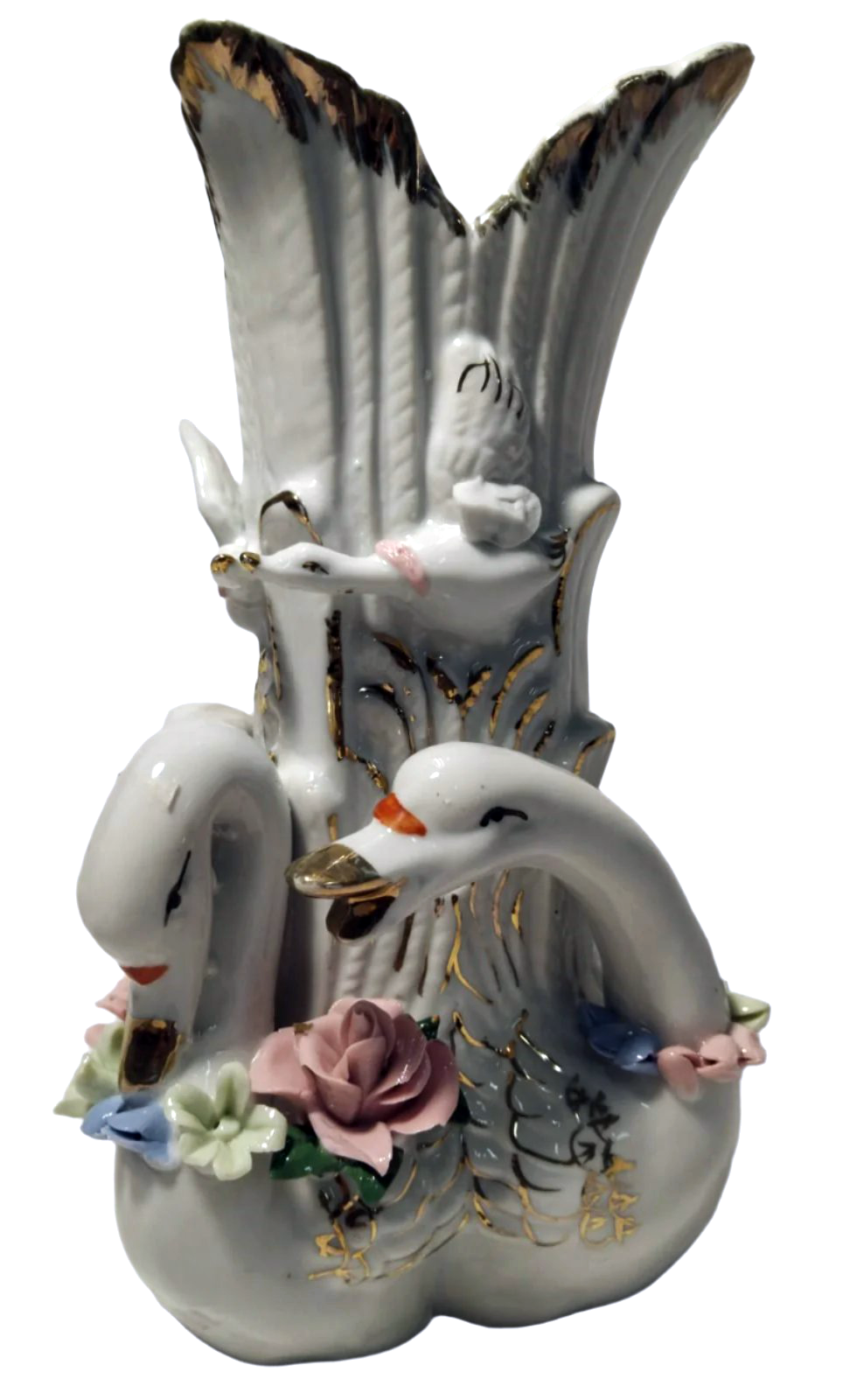 Charming 1960s-70s Filigree Vase with Swans and Floral Accents