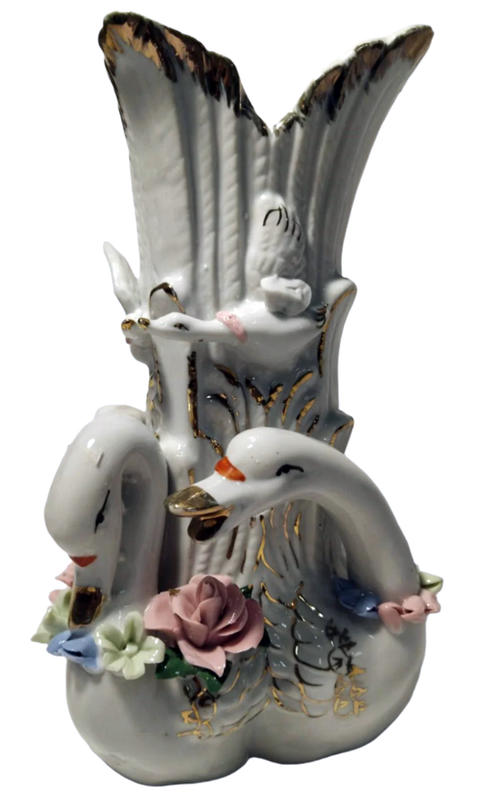 Charming 1960s-70s Filigree Vase with Swans and Floral Accents