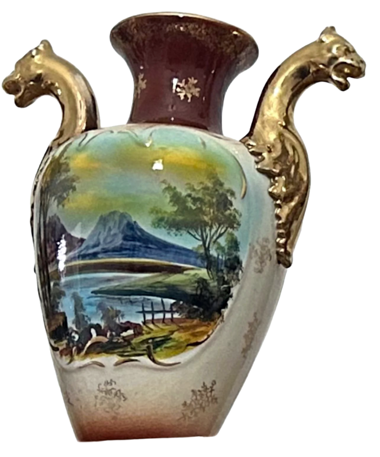 Victorian-Era Gilded Dragon Porcelain Vase with Hand-Painted Pastoral Landscape