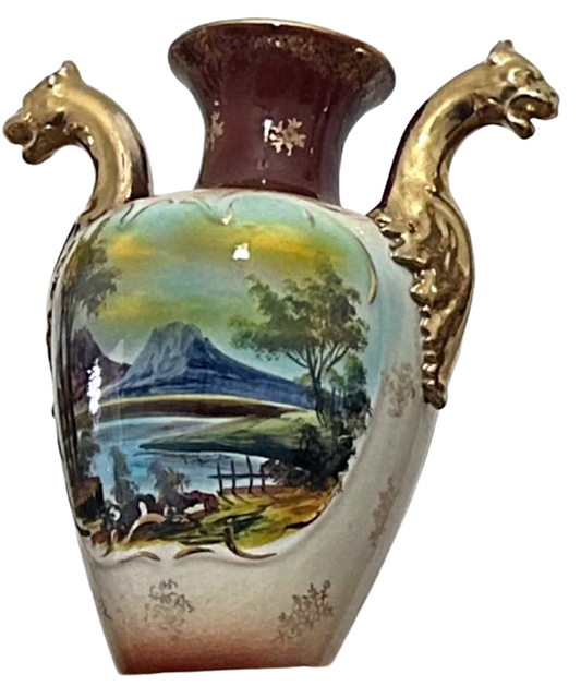 Victorian-Era Gilded Dragon Porcelain Vase with Hand-Painted Pastoral Landscape