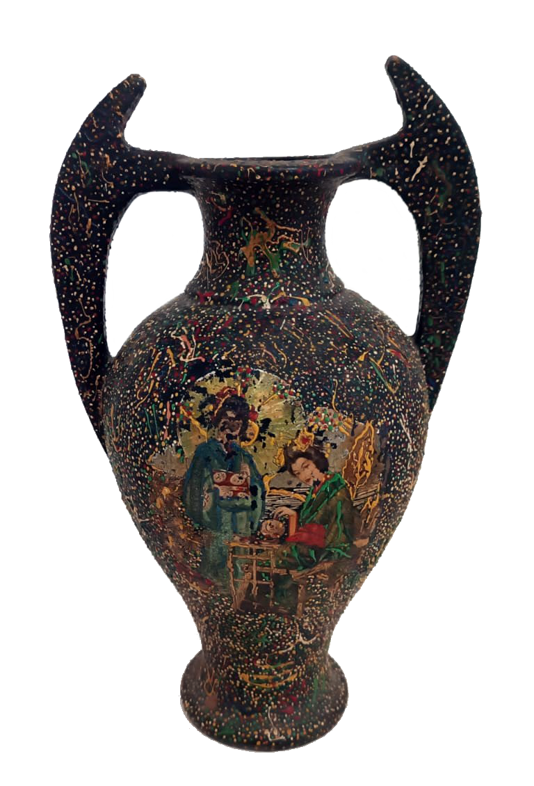 Hand-Painted Clay Amphora, Asian Motif - Mid 20th Century