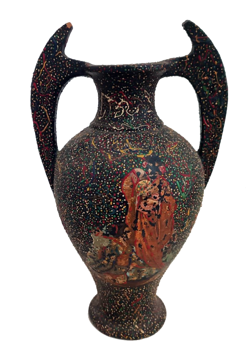 Hand-Painted Clay Amphora, Asian Motif - Mid 20th Century