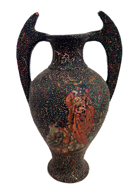 Hand-Painted Clay Amphora, Asian Motif - Mid 20th Century