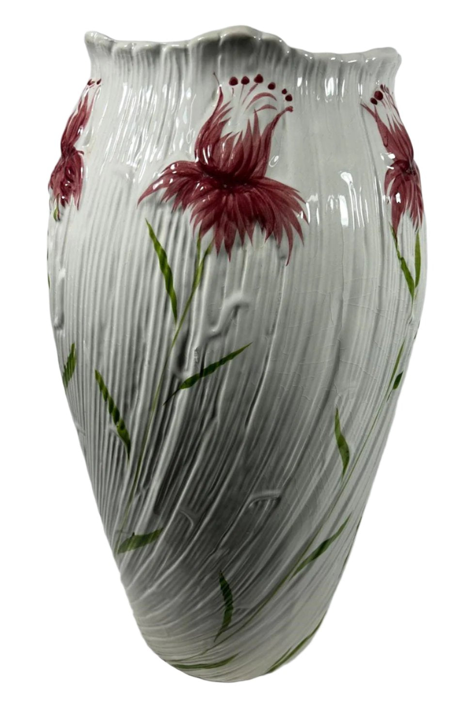 Vase en porcelaine florale peinte à la main du XIXe siècle avec motif texturé