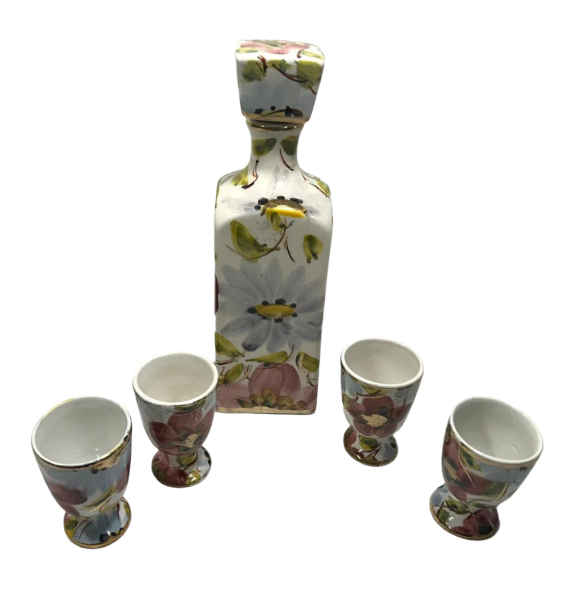 Sacavém Floral Ceramic Decanter Set with Gold Accents – Includes 4 Matching Goblets