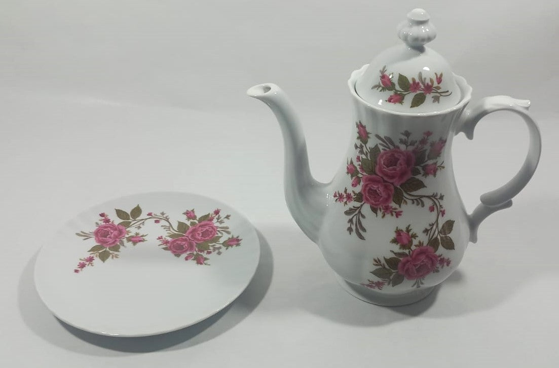 Sacavém Rose Motif Teapot and Plate Set – 1930s-1940s