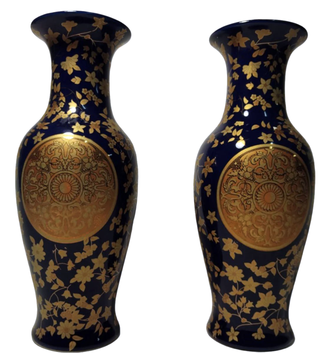 Pair of Exquisite Early 20th-Century Chinese Cobalt Blue and Gold Floral Vases – 26 cm