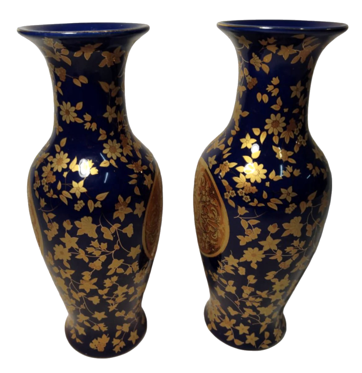 Pair of Exquisite Early 20th-Century Chinese Cobalt Blue and Gold Floral Vases – 26 cm