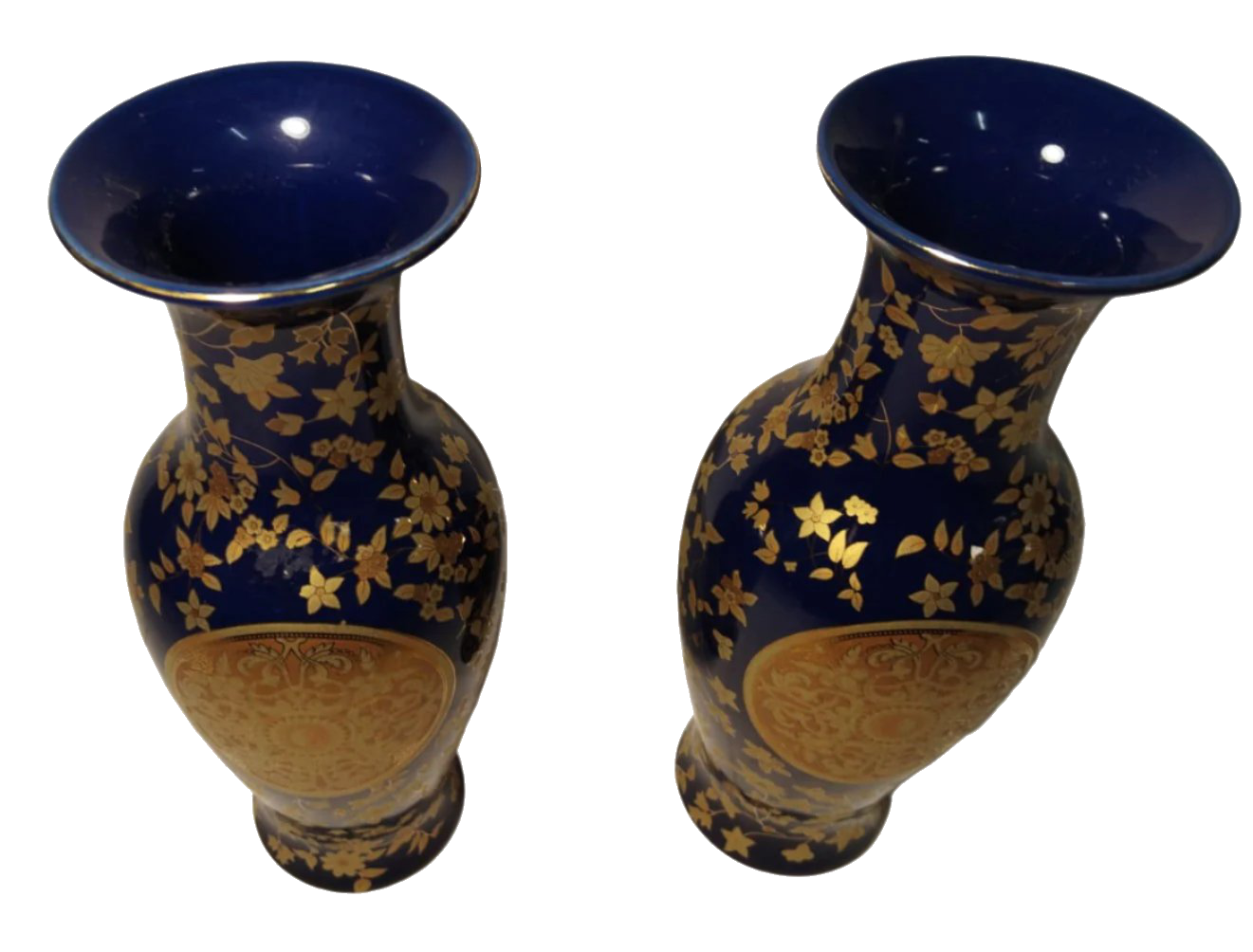 Pair of Exquisite Early 20th-Century Chinese Cobalt Blue and Gold Floral Vases – 26 cm