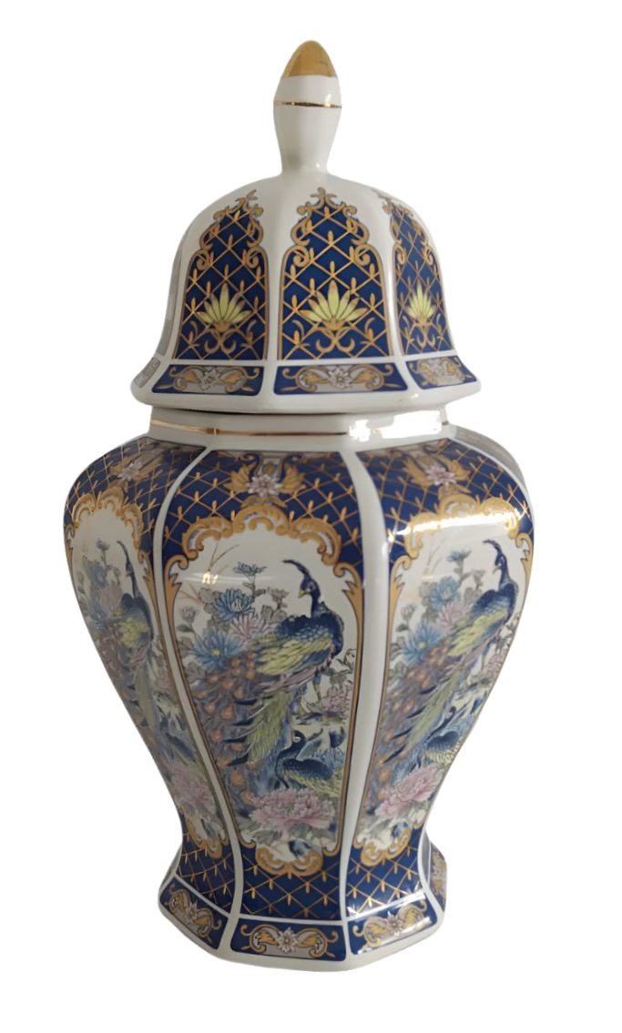 Decorative Lidded Ginger Jar with Peacock Motif and Golden Lattice Pattern