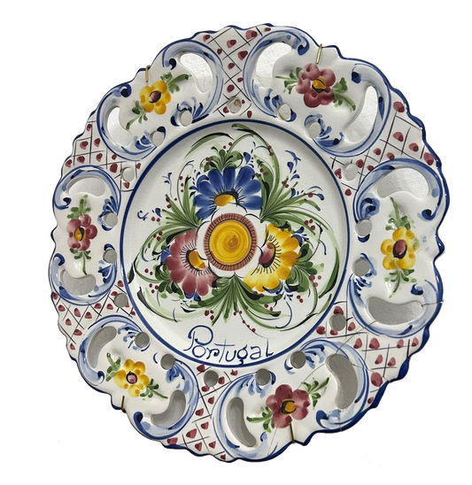 Hand-Painted Portuguese Faience Plate with Pierced Rim