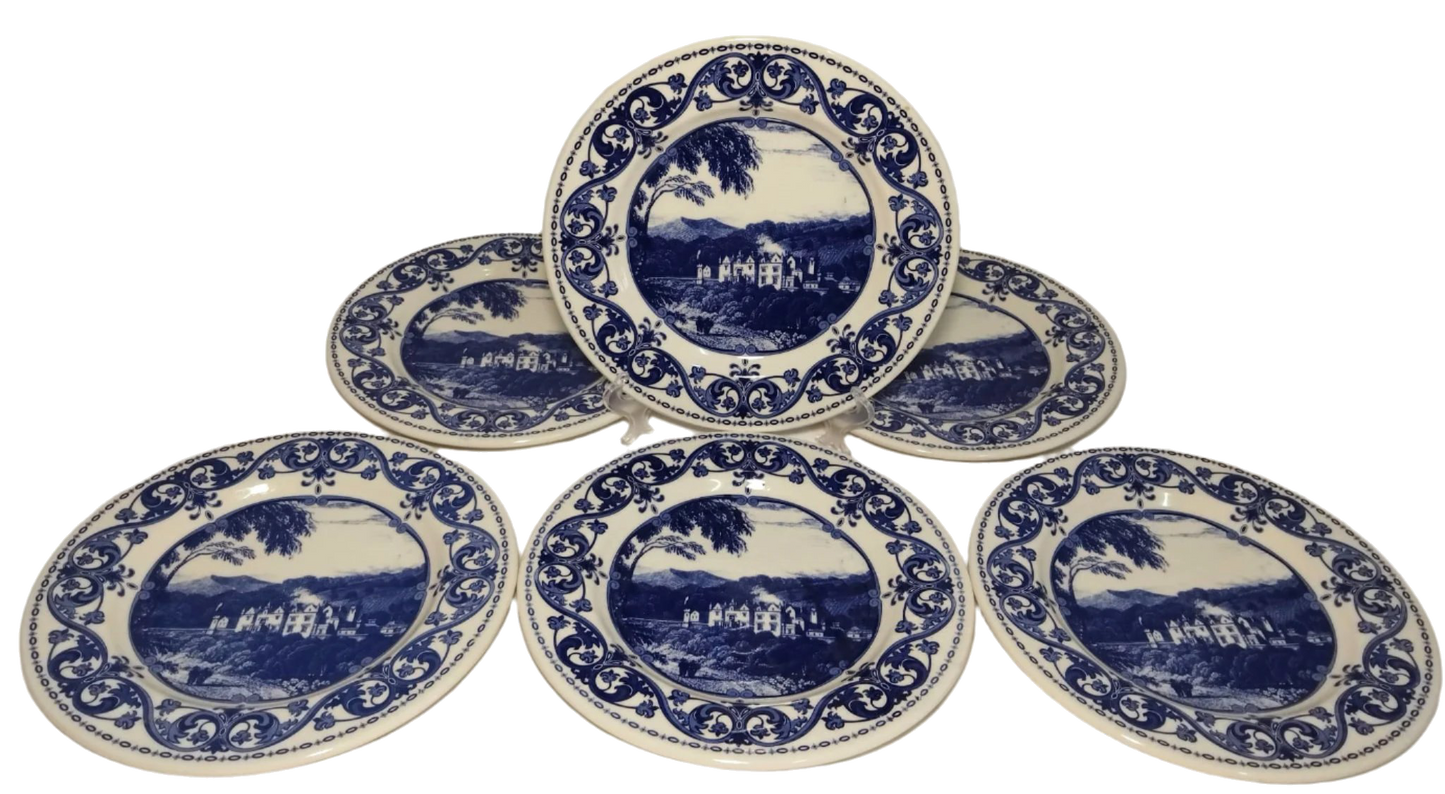 Lot de 7 assiettes en porcelaine italienne bleu et blanc à décor de paysage – années 1920-1930