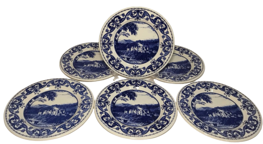 Conjunto de 7 pratos de porcelana italiana azul e branca com paisagem – anos 1920-1930